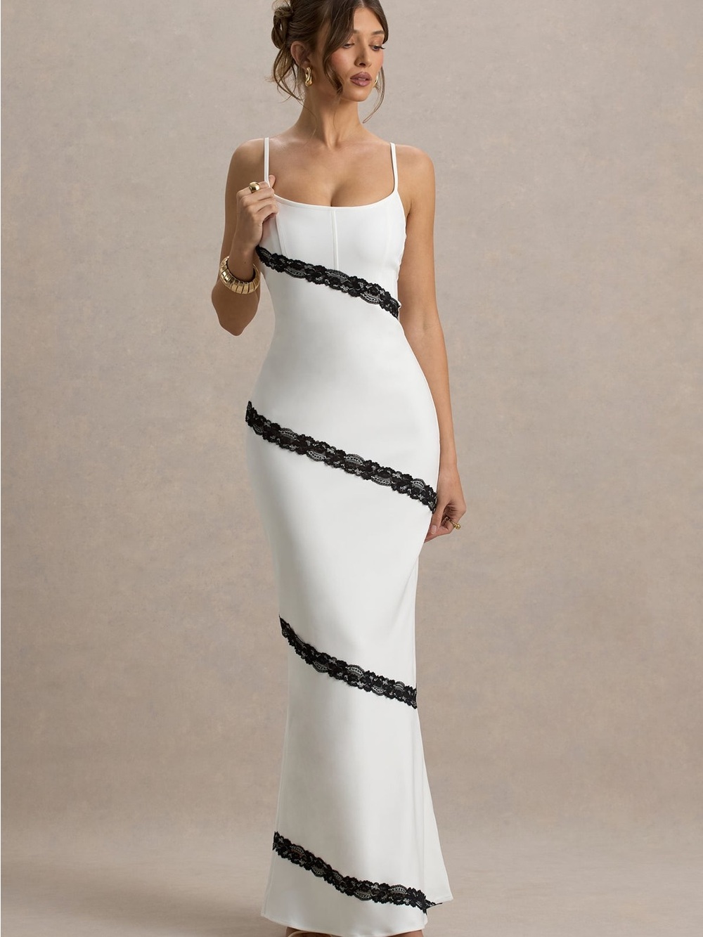 Club L London White Maxi Dress with Black Lace Diagonal Trim